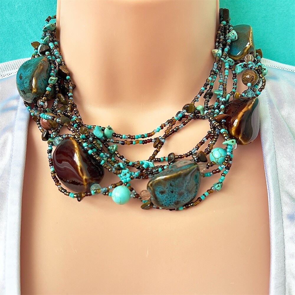 Multi-Strand Turquoise & Brown Beaded Gemstone Statement Necklace Extender - Picture 2 of 8